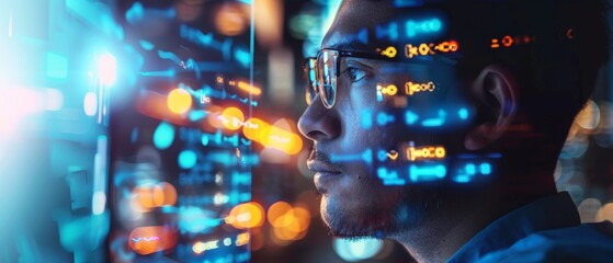 A male tech specialist focused on a data interface, with neon light reflections mapping out digital information across his face.