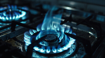 Close up The intense blue flame of a gas stove symbolizing the heart of culinary creation