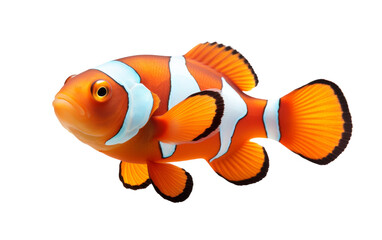 A vibrant orange and white clown fish swimming gracefully against a pristine white background