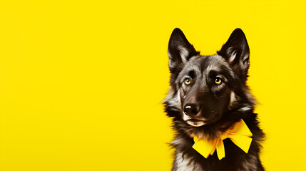 Wolf with yellow bow poses on vivid background, banner featuring plenty of copy space, perfect for greeting cards or invitations