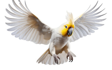 A white and yellow bird stretches its wings gracefully