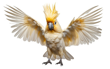 A vibrant bird with yellow and white feathers gracefully spreads its wings against a bright sky