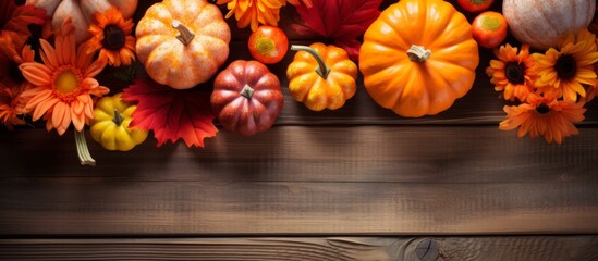 A wooden table adorned with vibrant orange pumpkins and colorful flowers, creating a beautiful...