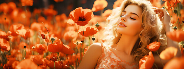 Blonde in poppy field, female model amidst spring blooms, panoramic view with empty space, nature backdrop, beautiful woman surrounded by flowers, long hair girl posing outdoors, scene with copy area.