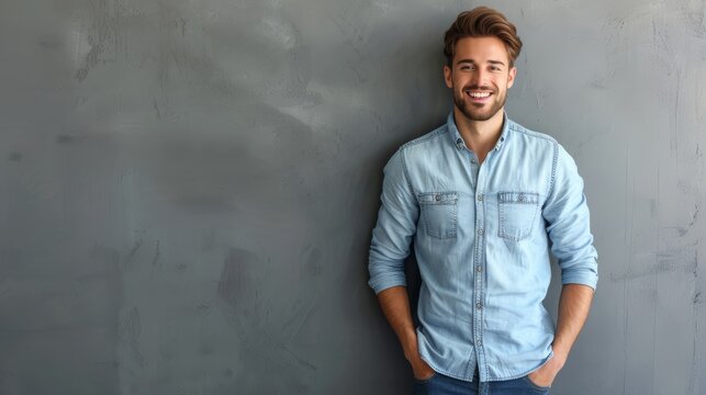 Smiling man in casual denim shirt. Studio portrait with grey textured background. Modern casual fashion and lifestyle concept.