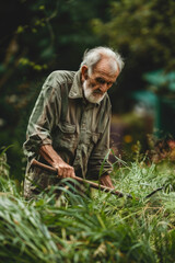 Naklejka na ściany i meble An elderly man using a scythe to mow down grass