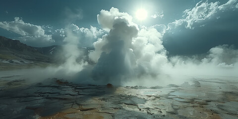 erupting water geyser in the sun rays - obrazy, fototapety, plakaty