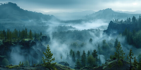 Panoramic view of the misty valley at sunrise. Beauty in nature.