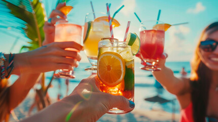 friends drinking cocktails on the beach. Selective focus. - obrazy, fototapety, plakaty