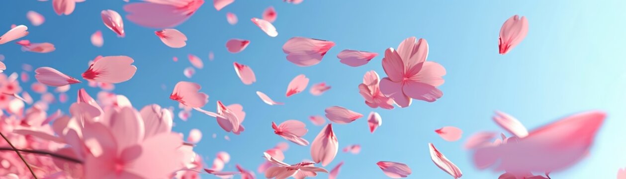 3D render clay style of 3D render clay style of A serene illustration of cherry blossom petals dancing in the clear blue sky , no contrast, clean sharp focus