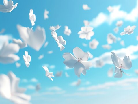 3D render clay style of 3D render clay style of A serene illustration of cherry blossom petals dancing in the clear blue sky , no contrast, clean sharp focus