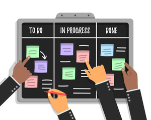 Team people hands sticking work business plan schedule and memo notes on chalkboard. Agile project plan. Scrum task board concept with human hands holding colorful sticky papers and markers. Vector.