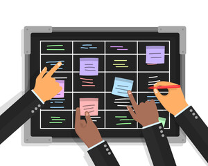 Team people hands sticking work business plan schedule and memo notes on chalkboard. Agile project plan. Scrum task board concept with human hands holding colorful sticky papers and markers. Vector.