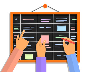 Team people hands sticking work business plan schedule and memo notes on chalkboard. Agile project plan. Scrum task board concept with human hands holding colorful sticky papers and markers. Vector.