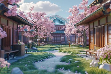 3D render clay style of A peaceful Japanese school yard surrounded by blooming cherry blossom trees , no contrast, clean sharp focus