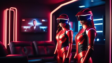 2 girls in gaming red leather suits with helmets in a room with a TV with red lighting and sofas
