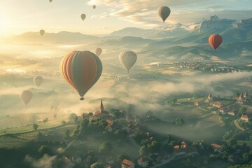 Top view of green landscape and mountain valleys and colorful hot air balloons flying in the sky