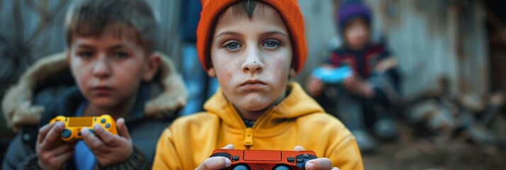 Children play computer games on TV using a game console, a child with a game console in his hands, banner - obrazy, fototapety, plakaty
