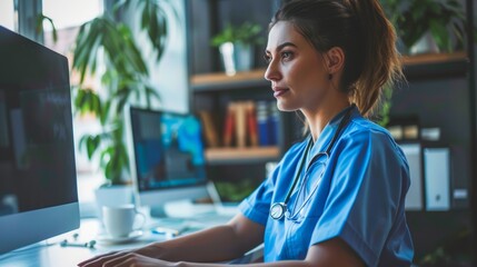 Female medical professional working on computer in office. Healthcare and medical research concept.