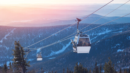 Banner Landscape mountain ski lift resort in winter forest sunset, aerial top view Sheregesh...