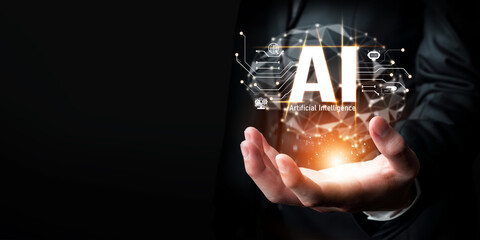 Human interact with AI artificial intelligence brain processor in concept of AI artificial...