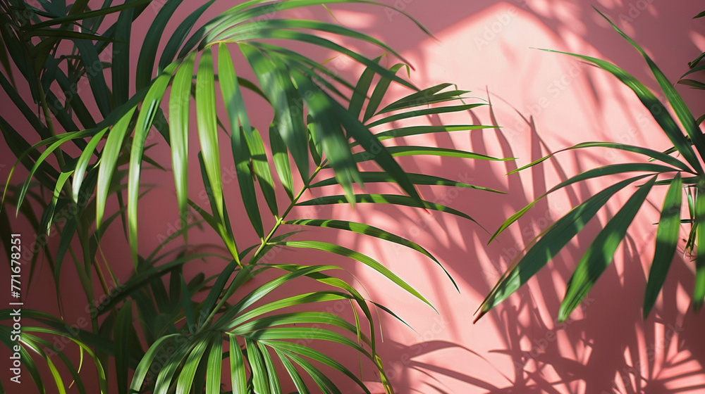 Wall mural a plant with green leaves is in front of a pink wall