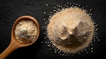 Active dry yeast granules pile with wooden spoon isola