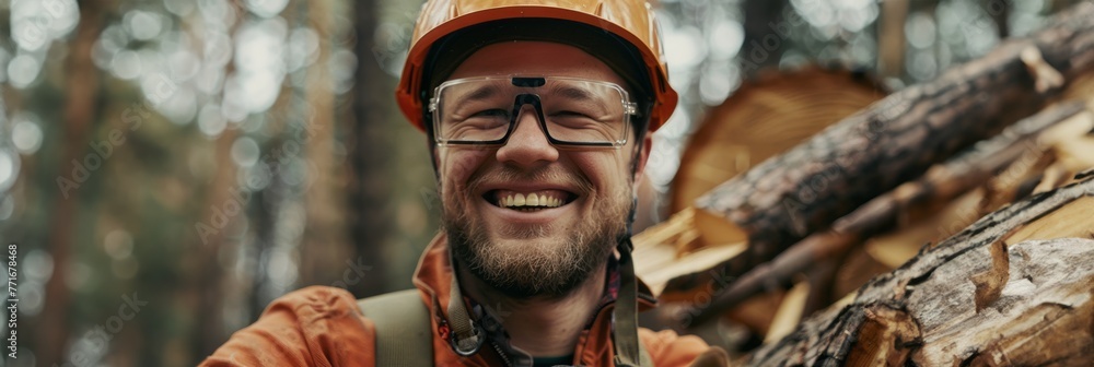 Wall mural male lumberjack woodcutter in safety glasses and a helmet with a saw in his hands against the backgr