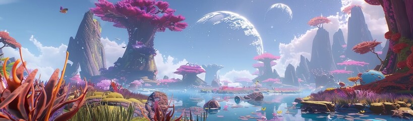 Alien planet exploration game art showcasing diverse ecosystems and creatures - obrazy, fototapety, plakaty