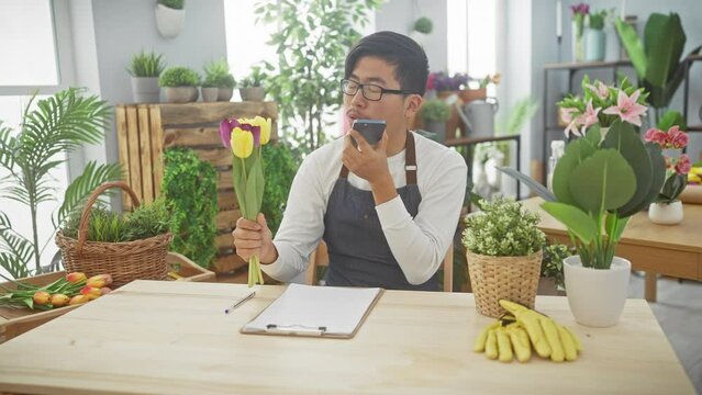 Asian man with glasses in apron holding tulips and using smartphone in an indoor flower shop