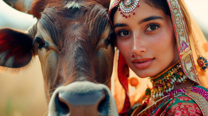 woman with an Indian cow. selective focus. - obrazy, fototapety, plakaty
