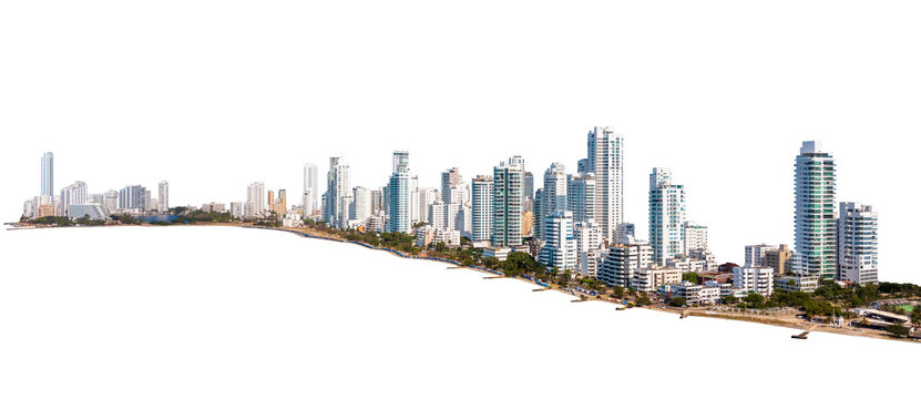 Aerial view of modern high rise buildings in the Bocagrande neighbourhood in Cartagena de Indias on isolated png background, Caribbean Coast Region, Colombia. Bolivar, Colombia Skyline