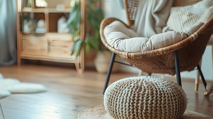 
close up of Snuggle chair and wicker ottoman. Scandinavian, boho home interior design of modern living room.