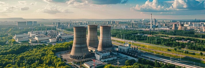 View from afar of a nuclear power plant, operating nuclear reactors against the backdrop of nature, peaceful atom, banner - obrazy, fototapety, plakaty
