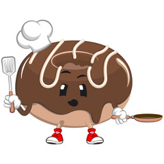 cute donut mascot character vector illustration carrying a frying pan with his spatula