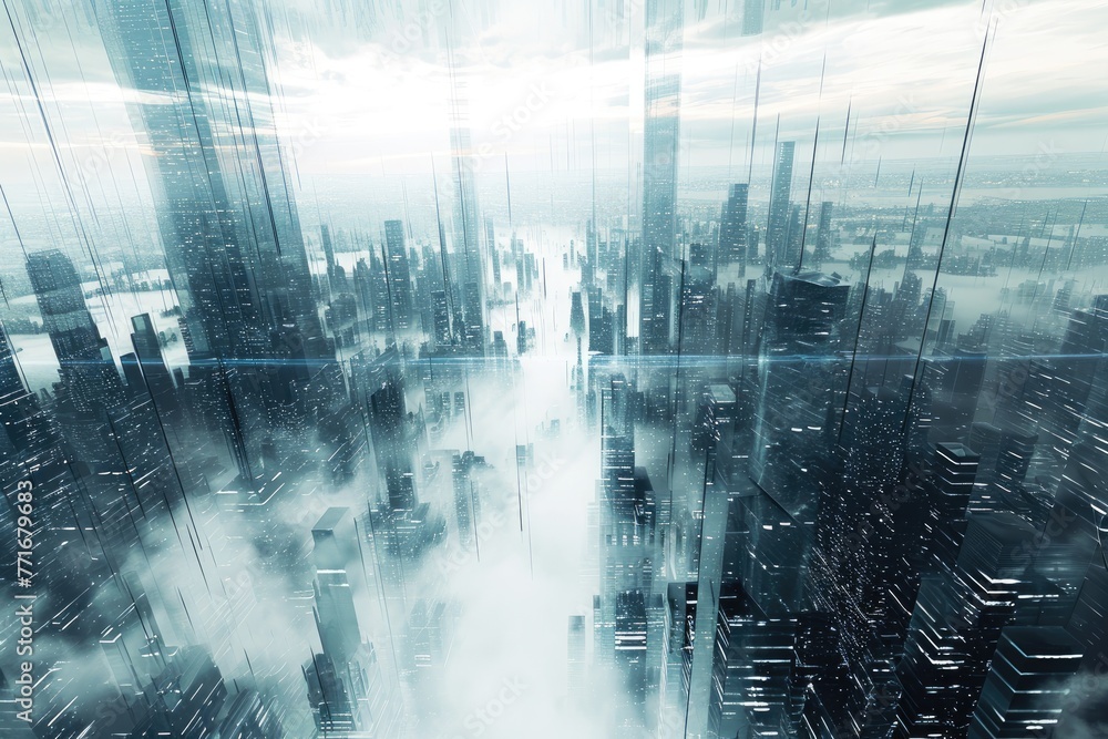 Poster high tech 3d render of a futuristic cityscape, pushing visual boundaries