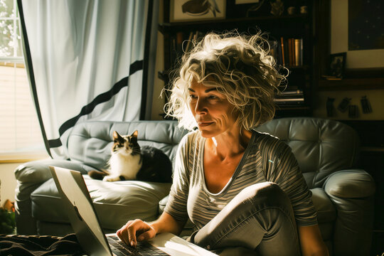 Young freelancer mature woman works at home with a laptop and a cat,