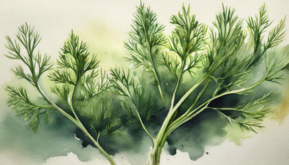 Watercolor illustration green dill twigs. Set of fresh healthy herbs, cooking, food and diet concept