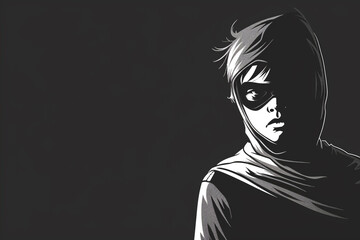 vector art of a faceless boy superhero in monochrome with a mask.