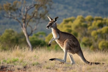 Lone Kangaroo Hopping Across The Australian Outback