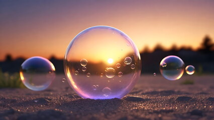 Golden Hour Magic, Sunset Reflections in Water floating Bubbles