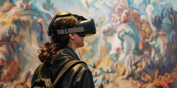 A woman wearing a virtual reality headset stands in front of a colorful painting