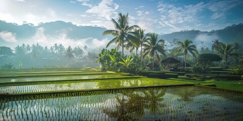 Obraz premium A lush green field with palm trees and a small hut in the distance