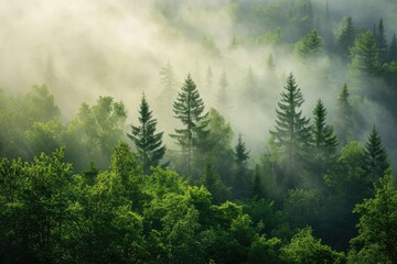 Misty Forest Engulfed In Morning Light, A Picturesque Landscape - obrazy, fototapety, plakaty