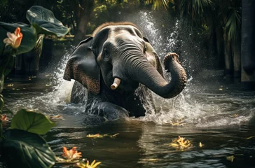 Foto op Aluminium An elephant is playing in a river jungle, spraying water with its trunk. © Katewaree