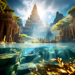 Opulent acient Temple of lost Lemuria civilization bathed in golden  light around ocean. culture concept. Ai generated