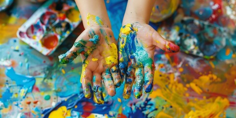 A child's hands are covered in paint, and there are several paintbrushes