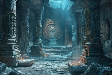 Ancient Ruins With Mystical Symbols And Artifacts In A Fantasy Themed 3D Background - obrazy, fototapety, plakaty