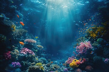 Naklejka na ściany i meble Ethereal Underwater Scene With Coral Reefs And Marine Life