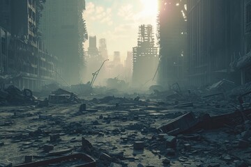 Post Apocalyptic Cityscape With Crumbling Buildings And Overgrown Vegetation - obrazy, fototapety, plakaty